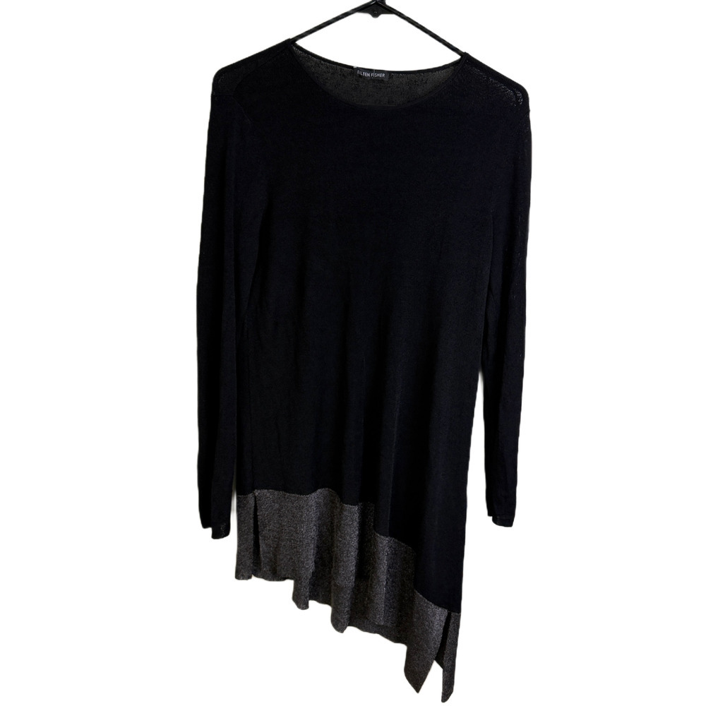 Eileen Fisher Sweater Womens S/M Black Silver Metallic Asymmetrical Holiday